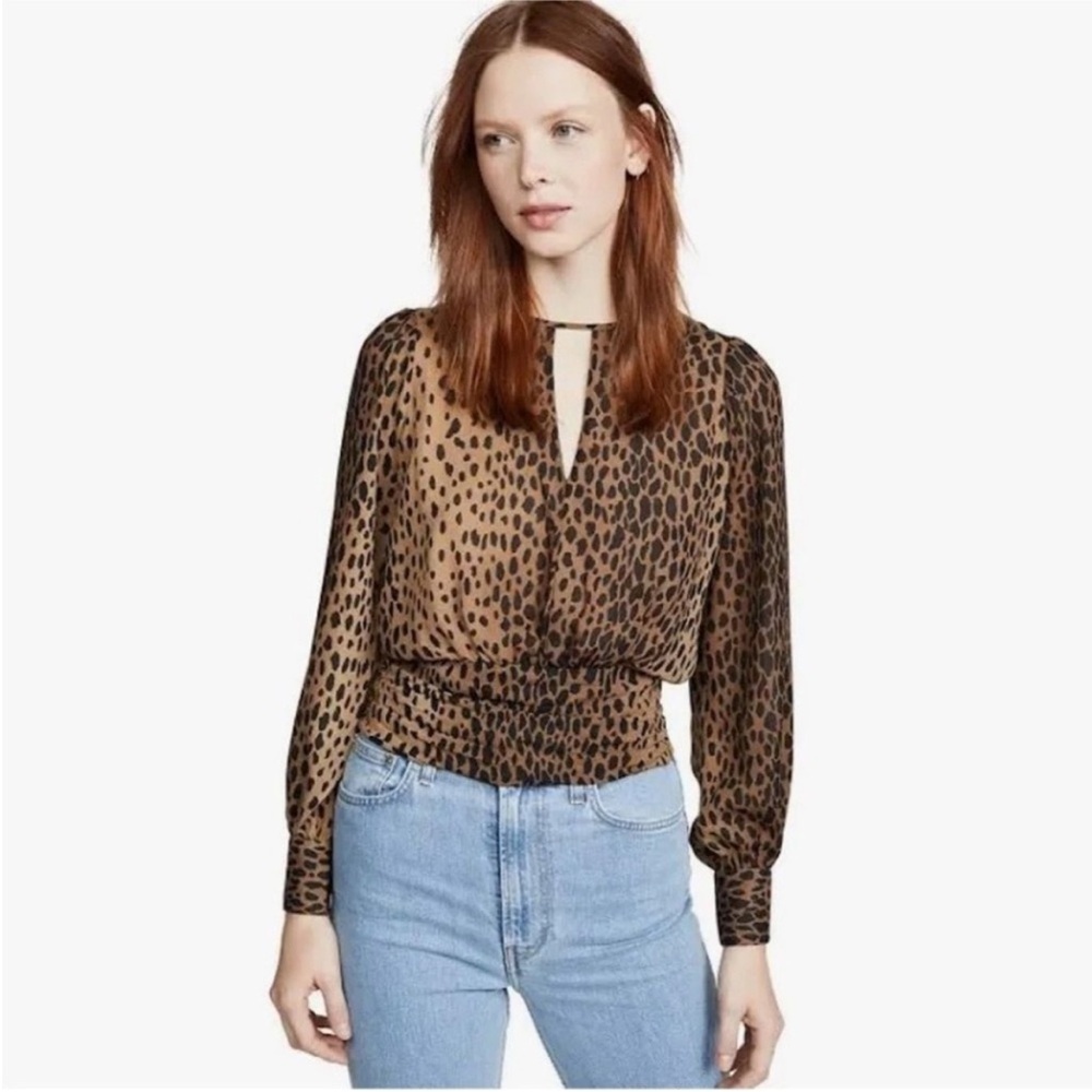 NWT Good American Feline Fine Keyhole Blouse Cheetah, Size 2 (M)
